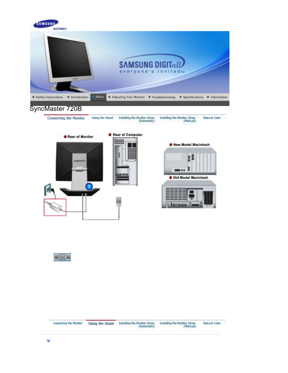 Setup, Syncmaster 720b, Connecting the monitor | Using the stand | Samsung RL19PSUSQ User Manual | Page 17 / 102