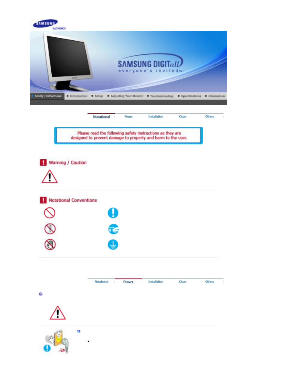 Safty instructions, Notational, Power | Samsung RL19PSUSQ User Manual | Page 2 / 102