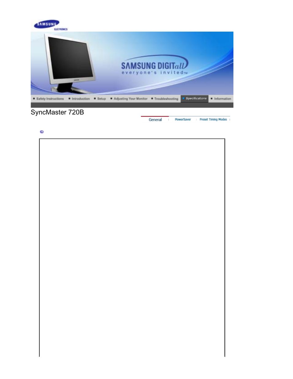 Specifications, Syncmaster 720b, General | Samsung RL19PSUSQ User Manual | Page 80 / 102