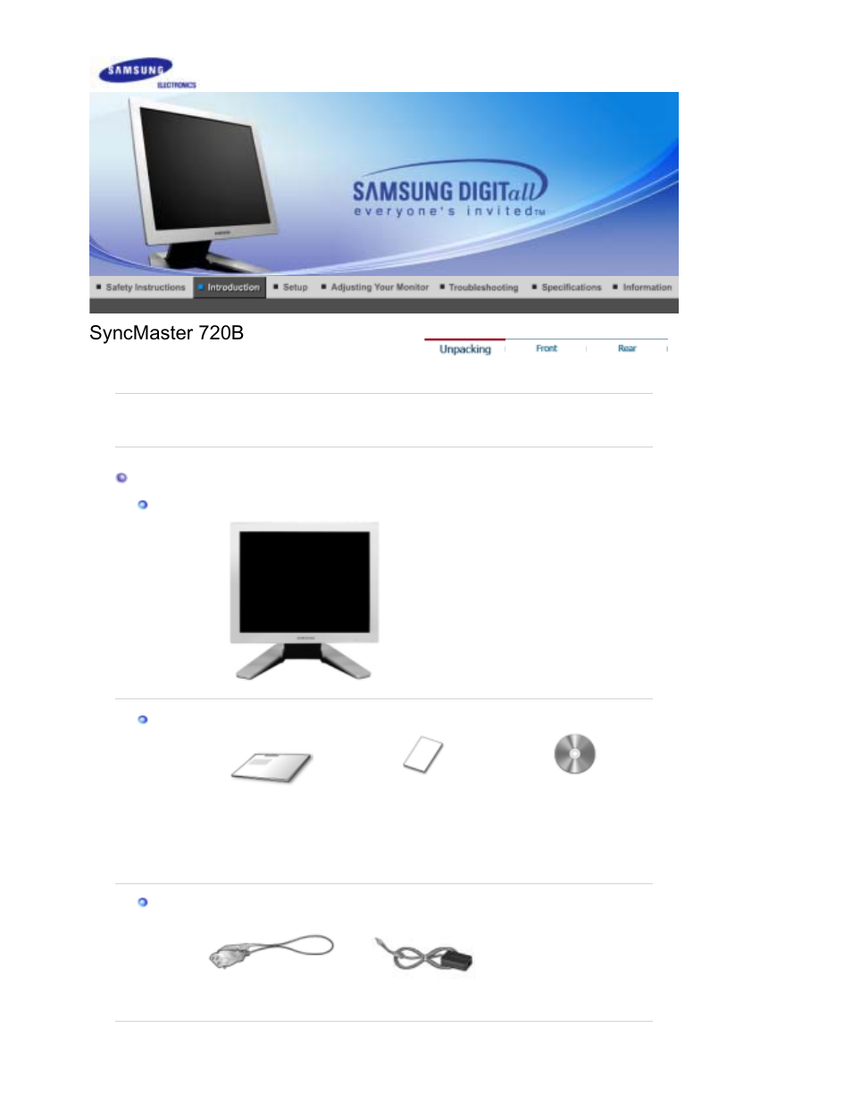 Introduction, Syncmaster 720b, Unpacking | Samsung RL19PSUSQ User Manual | Page 9 / 102