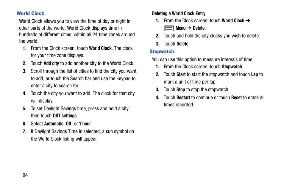 World clock, Stopwatch | Samsung SCH-R960ZKAUSC User Manual | Page 102 / 199