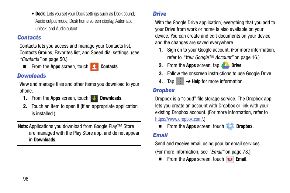Contacts, Downloads, Drive | Dropbox, Email | Samsung SCH-R960ZKAUSC User Manual | Page 104 / 199