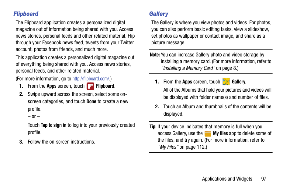 Flipboard, Gallery, See “gallery” on | Samsung SCH-R960ZKAUSC User Manual | Page 105 / 199
