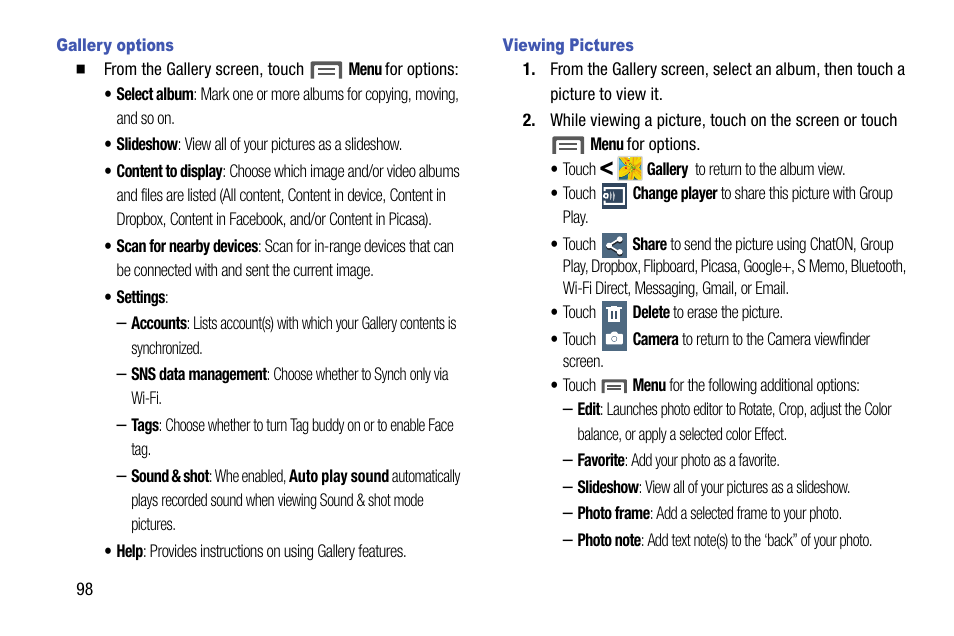 Gallery options, Viewing pictures | Samsung SCH-R960ZKAUSC User Manual | Page 106 / 199