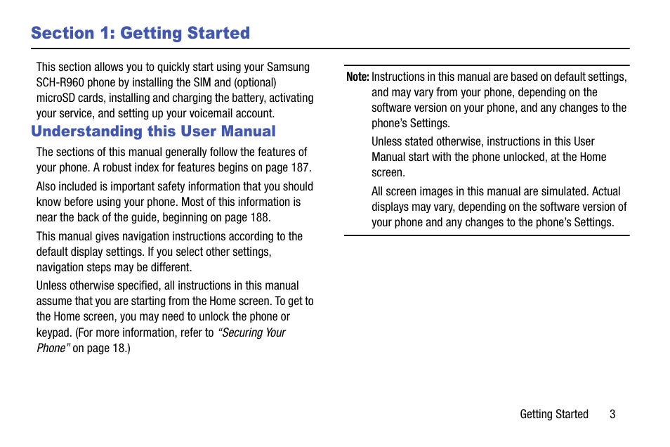 Section 1: getting started, Understanding this user manual | Samsung SCH-R960ZKAUSC User Manual | Page 11 / 199