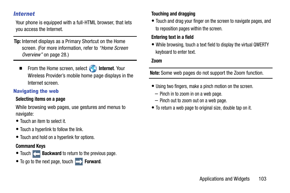 Internet, Navigating the web | Samsung SCH-R960ZKAUSC User Manual | Page 111 / 199