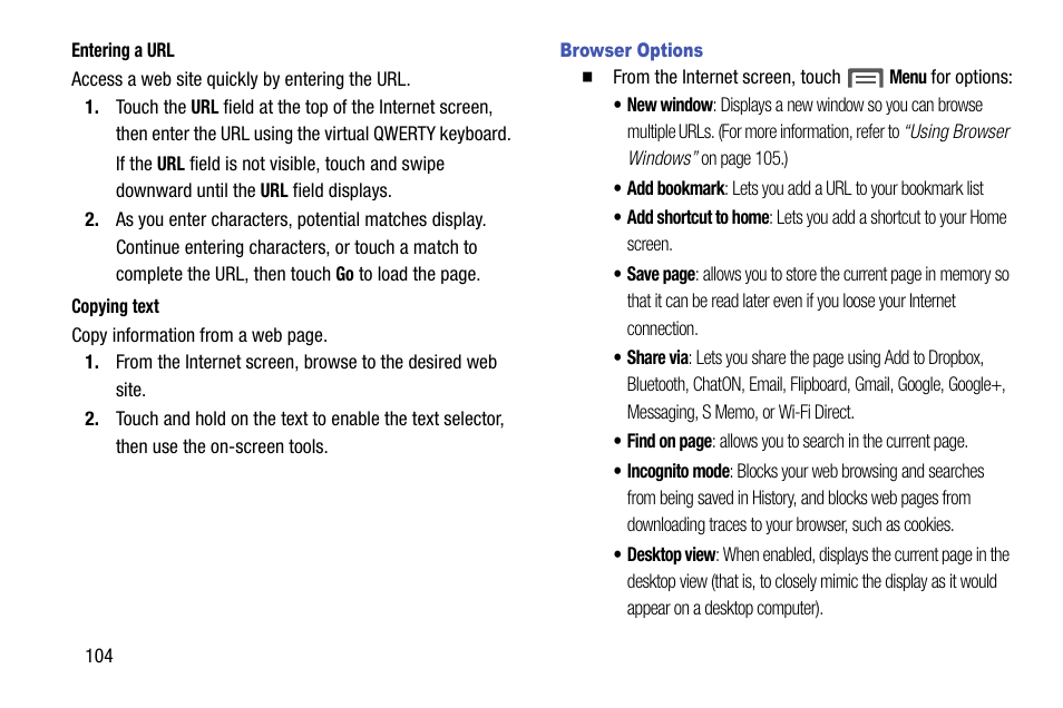 Browser options | Samsung SCH-R960ZKAUSC User Manual | Page 112 / 199