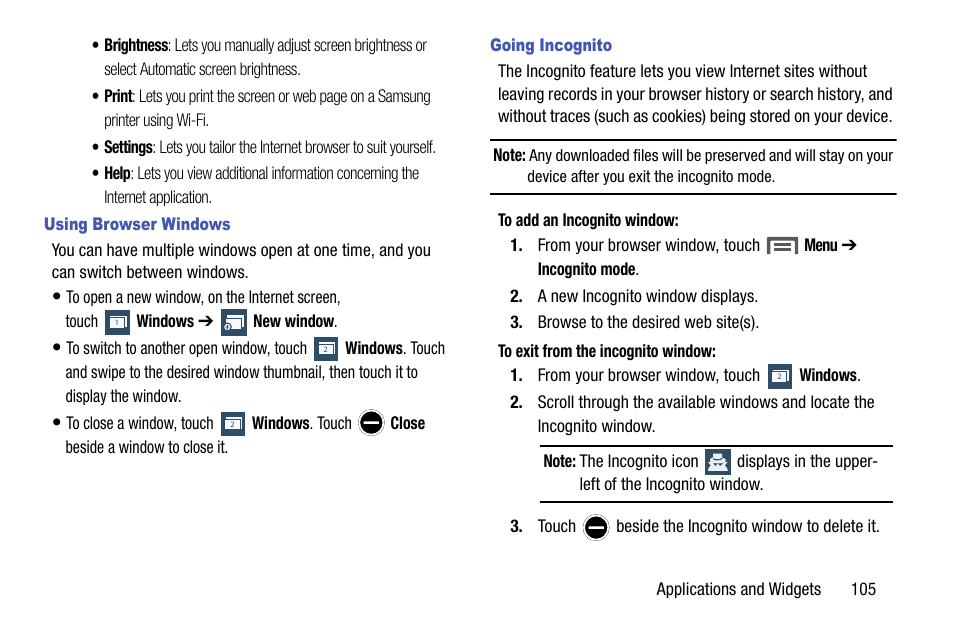 Using browser windows, Going incognito | Samsung SCH-R960ZKAUSC User Manual | Page 113 / 199