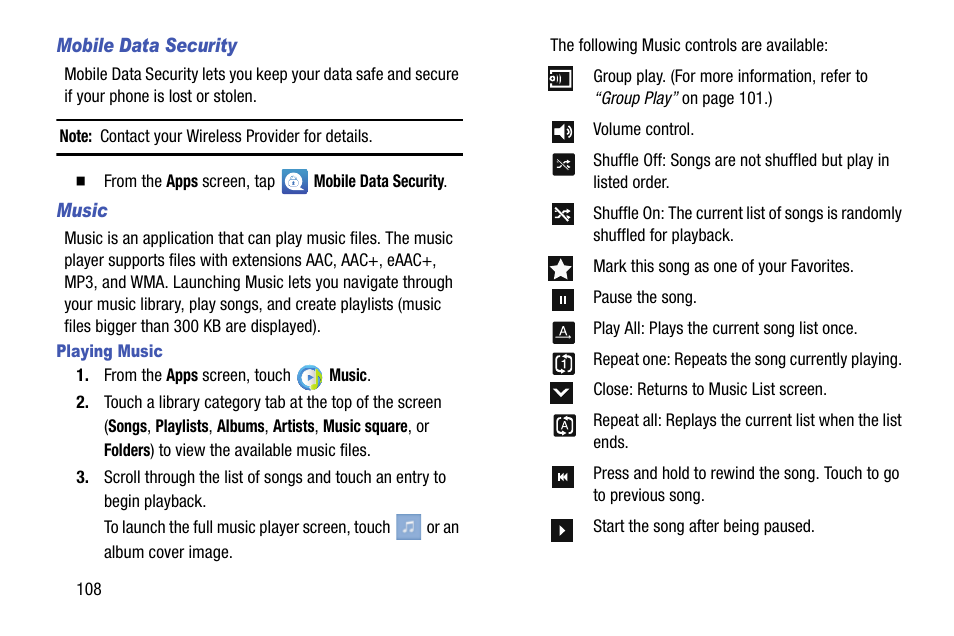 Mobile data security, Music, Playing music | Samsung SCH-R960ZKAUSC User Manual | Page 116 / 199