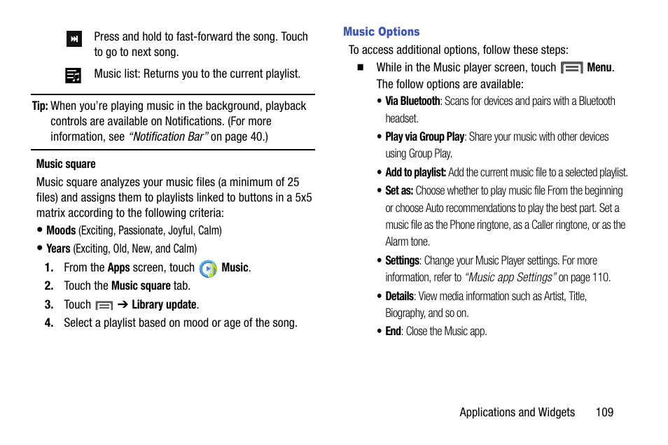 Music options | Samsung SCH-R960ZKAUSC User Manual | Page 117 / 199