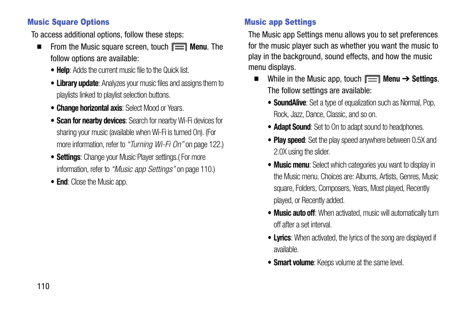 Music square options, Music app settings | Samsung SCH-R960ZKAUSC User Manual | Page 118 / 199