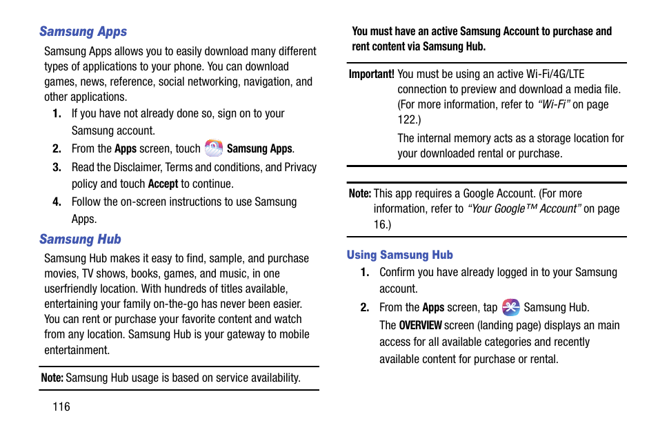 Samsung apps, Samsung hub, Using samsung hub | For more information, refer to “samsung | Samsung SCH-R960ZKAUSC User Manual | Page 124 / 199