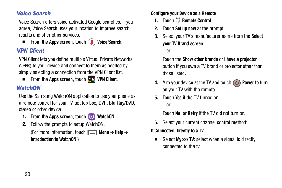 Voice search, Vpn client, Watchon | Samsung SCH-R960ZKAUSC User Manual | Page 128 / 199