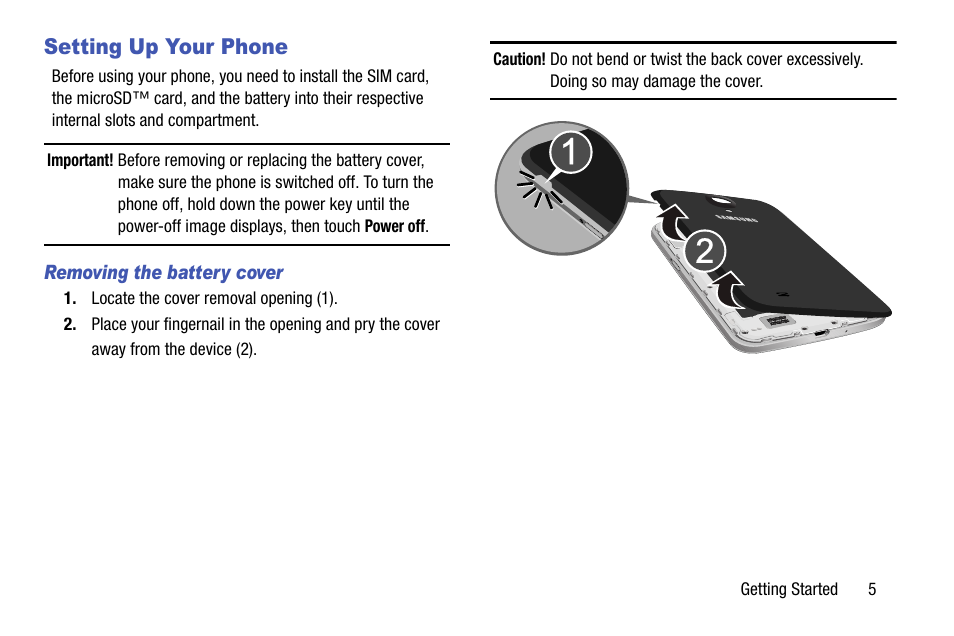 Setting up your phone, Removing the battery cover | Samsung SCH-R960ZKAUSC User Manual | Page 13 / 199