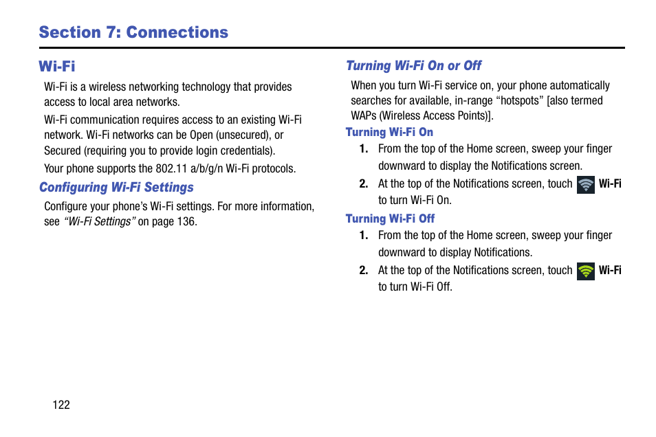 Section 7: connections, Wi-fi, Configuring wi-fi settings | Turning wi-fi on or off, Turning wi-fi on, Turning wi-fi off | Samsung SCH-R960ZKAUSC User Manual | Page 130 / 199