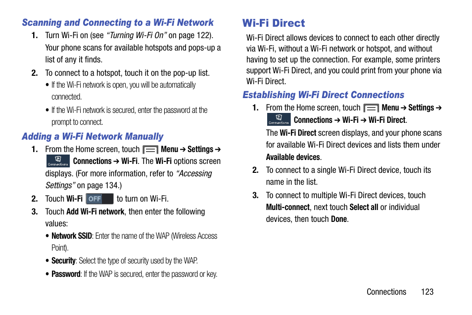 Scanning and connecting to a wi-fi network, Adding a wi-fi network manually, Wi-fi direct | Establishing wi-fi direct connections | Samsung SCH-R960ZKAUSC User Manual | Page 131 / 199