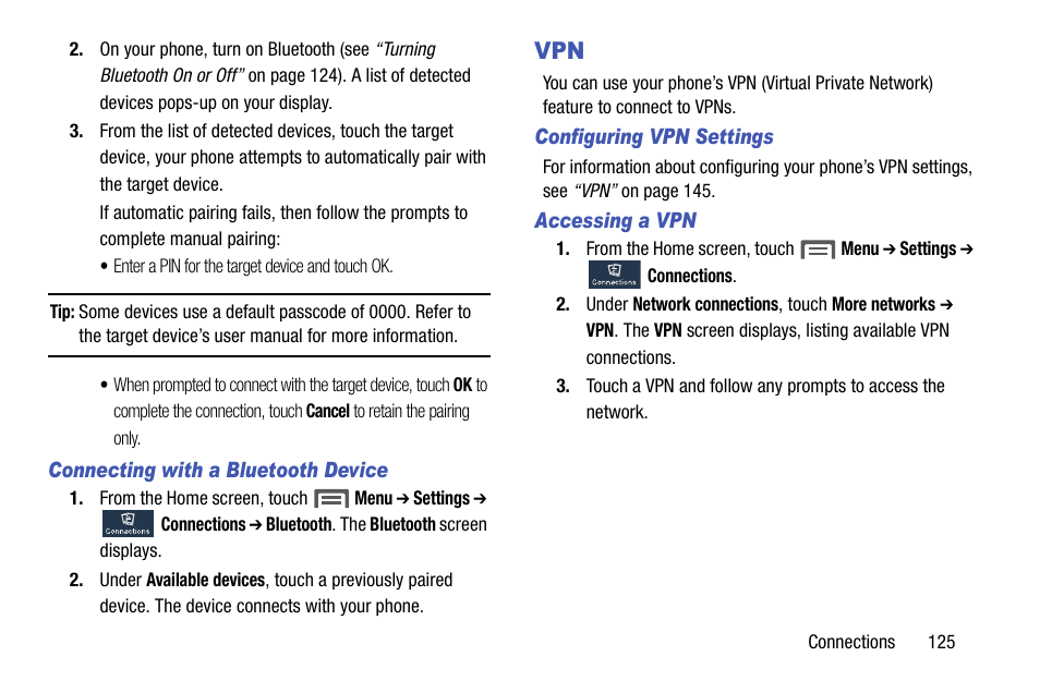 Connecting with a bluetooth device, Configuring vpn settings, Accessing a vpn | Samsung SCH-R960ZKAUSC User Manual | Page 133 / 199