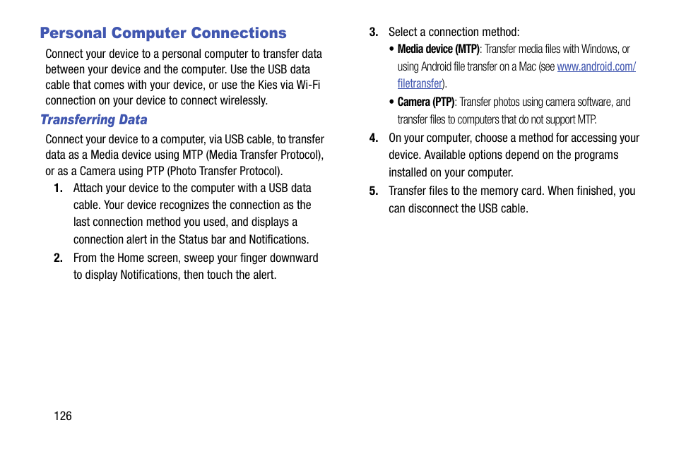 Personal computer connections, Transferring data | Samsung SCH-R960ZKAUSC User Manual | Page 134 / 199