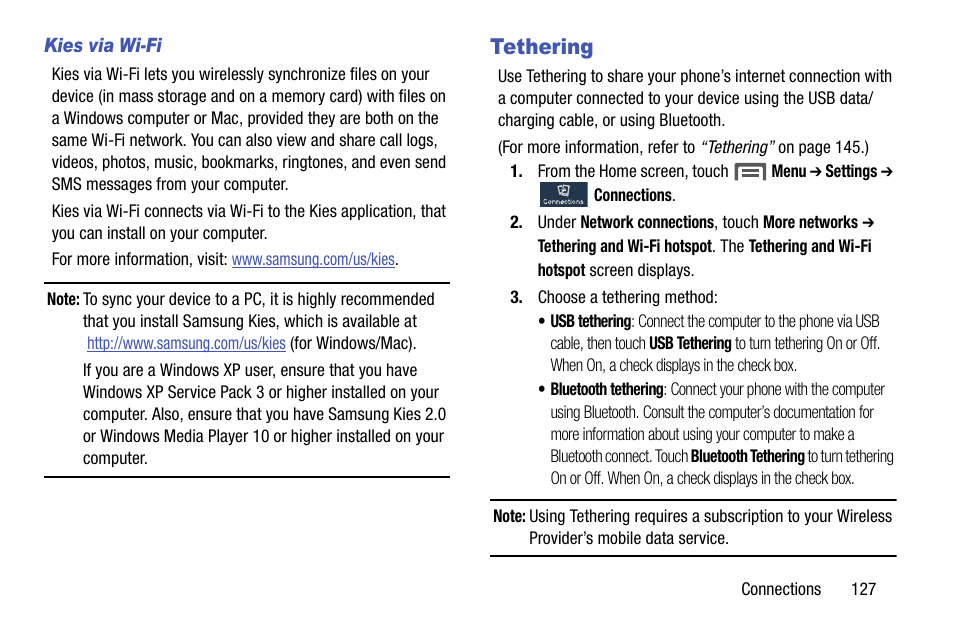 Kies via wi-fi, Tethering | Samsung SCH-R960ZKAUSC User Manual | Page 135 / 199