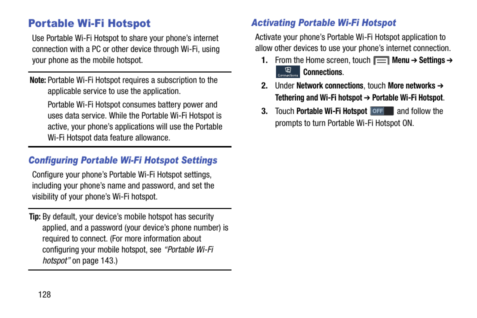 Portable wi-fi hotspot, Configuring portable wi-fi hotspot settings, Activating portable wi-fi hotspot | Samsung SCH-R960ZKAUSC User Manual | Page 136 / 199