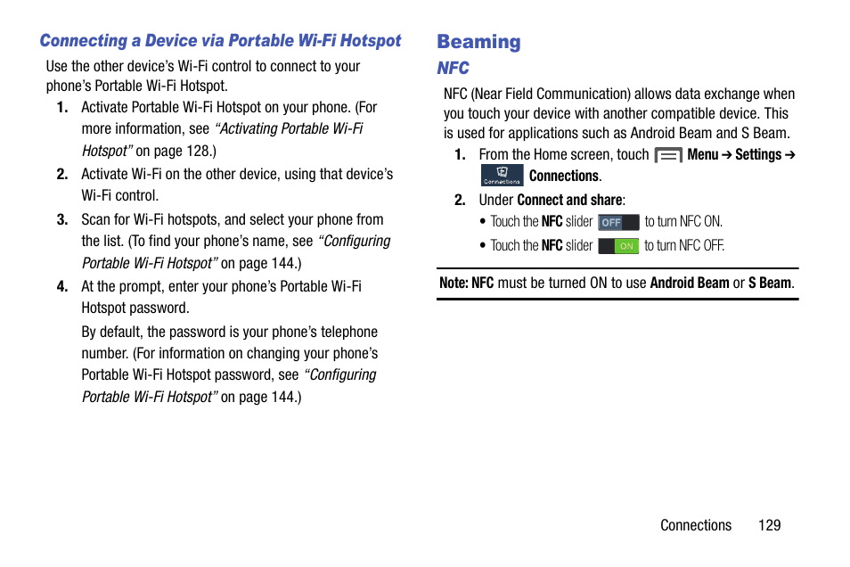 Connecting a device via portable wi-fi hotspot, Beaming | Samsung SCH-R960ZKAUSC User Manual | Page 137 / 199