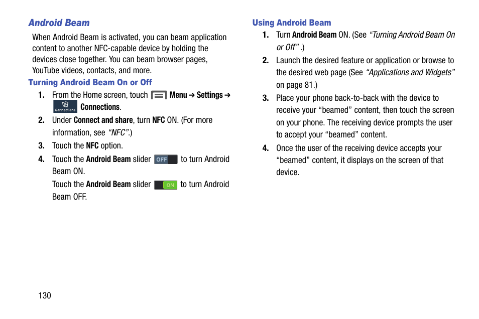 Android beam, Turning android beam on or off, Using android beam | Samsung SCH-R960ZKAUSC User Manual | Page 138 / 199