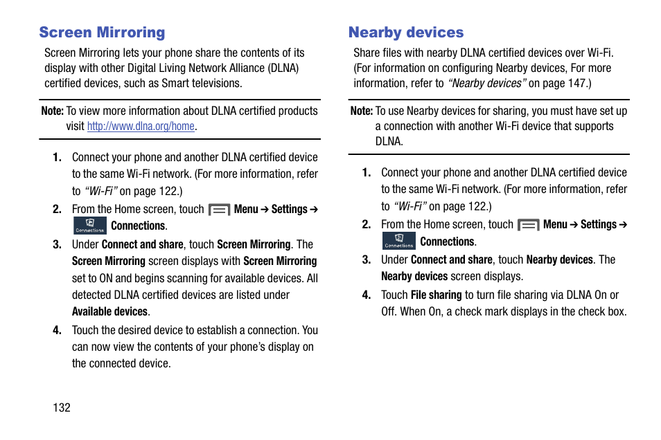 Screen mirroring, Nearby devices, Screen mirroring nearby devices | Samsung SCH-R960ZKAUSC User Manual | Page 140 / 199