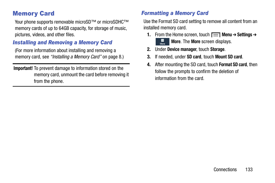 Memory card, Installing and removing a memory card, Formatting a memory card | Samsung SCH-R960ZKAUSC User Manual | Page 141 / 199