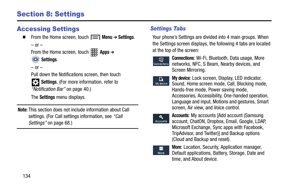 Section 8: settings, Accessing settings, Settings tabs | Samsung SCH-R960ZKAUSC User Manual | Page 142 / 199