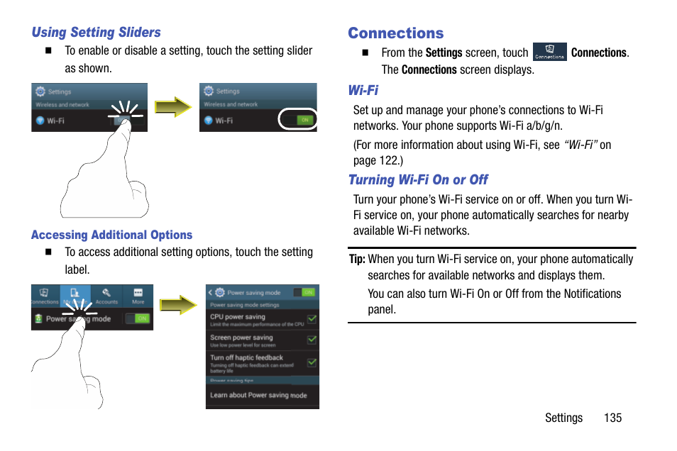 Using setting sliders, Accessing additional options, Connections | Wi-fi, Turning wi-fi on or off | Samsung SCH-R960ZKAUSC User Manual | Page 143 / 199
