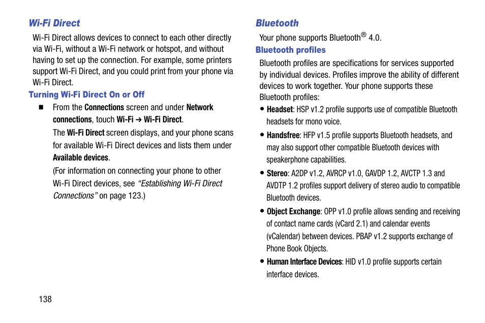 Wi-fi direct, Turning wi-fi direct on or off, Bluetooth | Bluetooth profiles, Gs (see “wi-fi direct | Samsung SCH-R960ZKAUSC User Manual | Page 146 / 199