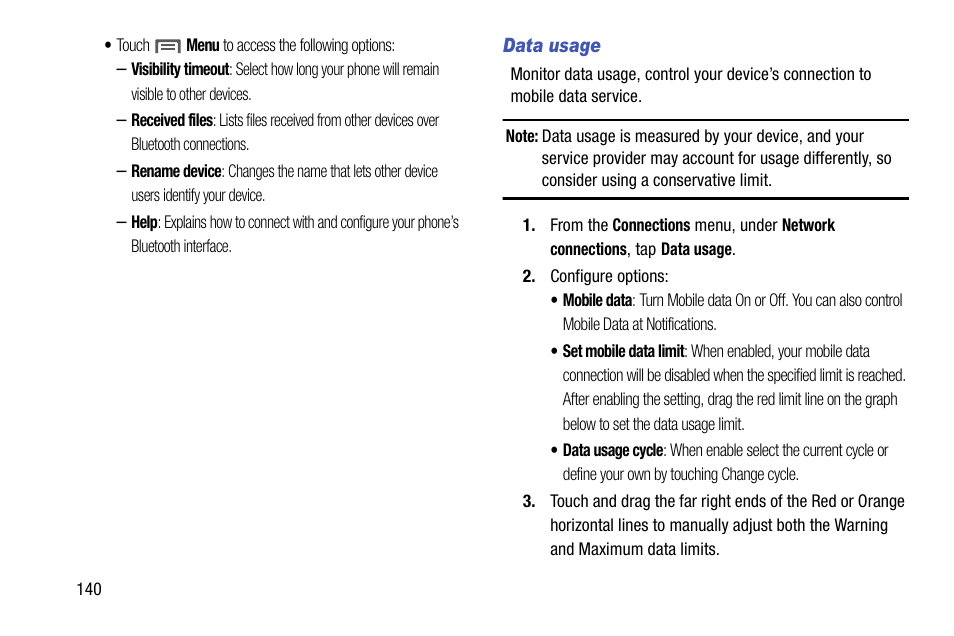 Data usage | Samsung SCH-R960ZKAUSC User Manual | Page 148 / 199