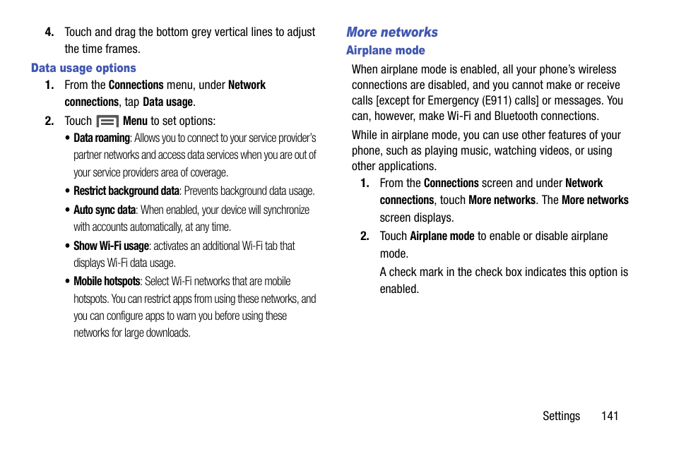 Data usage options, More networks, Airplane mode | Samsung SCH-R960ZKAUSC User Manual | Page 149 / 199