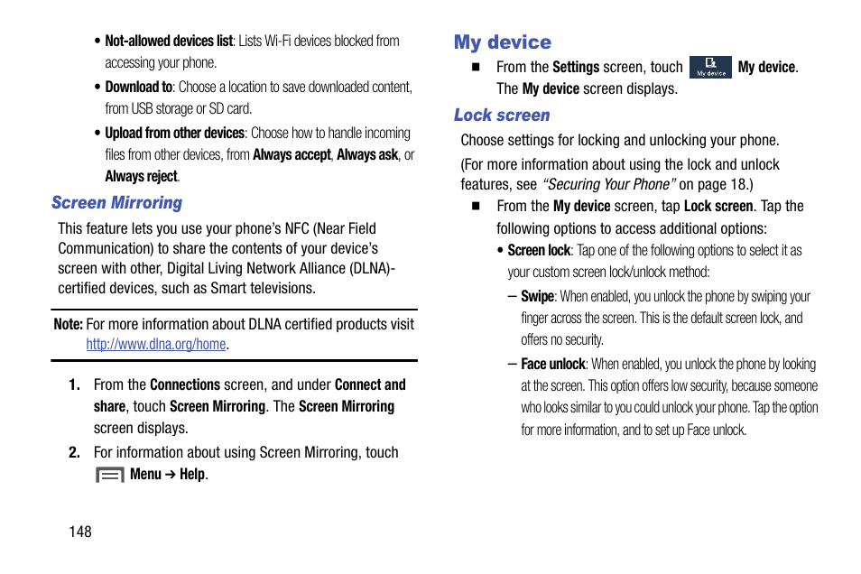 Screen mirroring, My device, Lock screen | Samsung SCH-R960ZKAUSC User Manual | Page 156 / 199