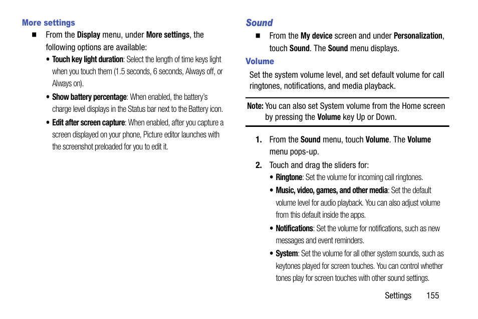 More settings, Sound, Volume | Samsung SCH-R960ZKAUSC User Manual | Page 163 / 199