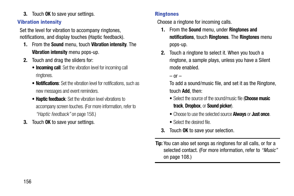 Vibration intensity, Ringtones | Samsung SCH-R960ZKAUSC User Manual | Page 164 / 199