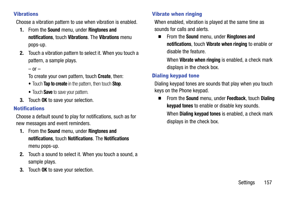 Vibrations, Notifications, Vibrate when ringing | Dialing keypad tone | Samsung SCH-R960ZKAUSC User Manual | Page 165 / 199