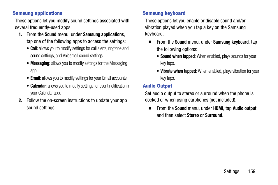 Samsung applications, Samsung keyboard, Audio output | Samsung SCH-R960ZKAUSC User Manual | Page 167 / 199