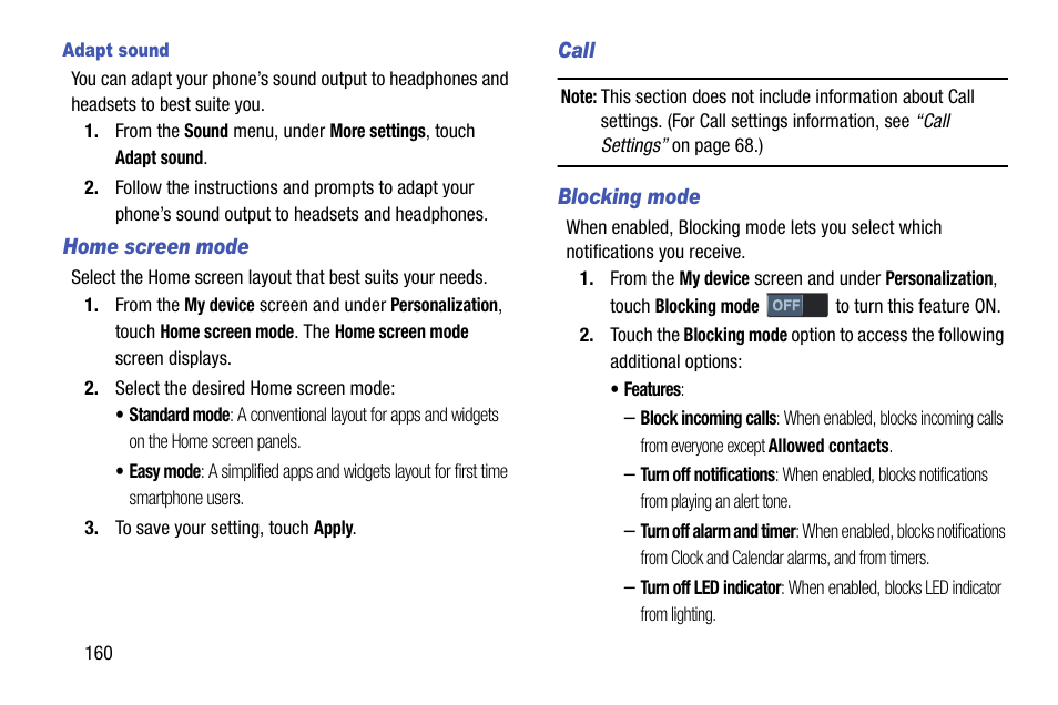 Adapt sound, Home screen mode, Call | Blocking mode | Samsung SCH-R960ZKAUSC User Manual | Page 168 / 199