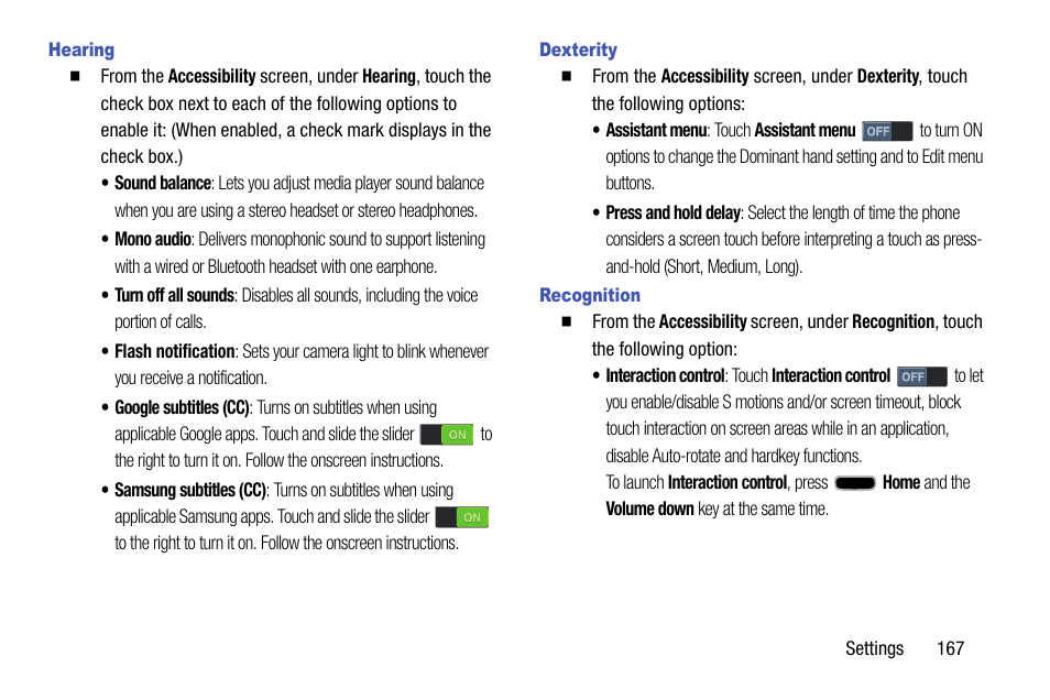 Hearing, Dexterity, Recognition | Samsung SCH-R960ZKAUSC User Manual | Page 175 / 199