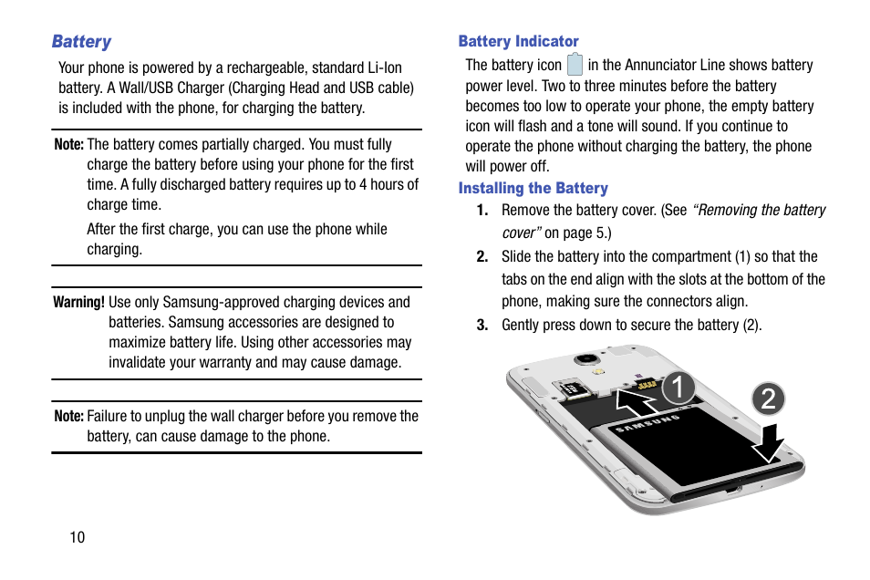 Battery, Battery indicator, Installing the battery | Samsung SCH-R960ZKAUSC User Manual | Page 18 / 199