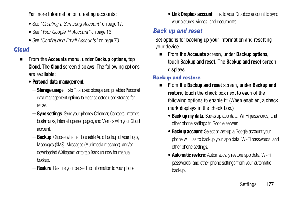 Cloud, Back up and reset, Backup and restore | Samsung SCH-R960ZKAUSC User Manual | Page 185 / 199