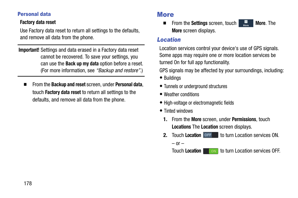 Personal data, More, Location | Samsung SCH-R960ZKAUSC User Manual | Page 186 / 199