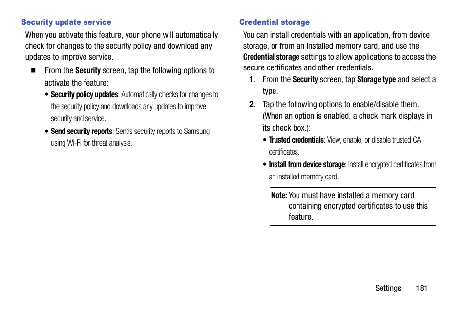 Security update service, Credential storage | Samsung SCH-R960ZKAUSC User Manual | Page 189 / 199