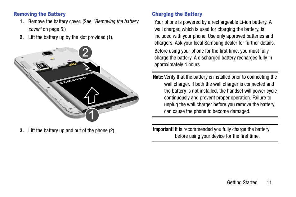 Removing the battery, Charging the battery | Samsung SCH-R960ZKAUSC User Manual | Page 19 / 199