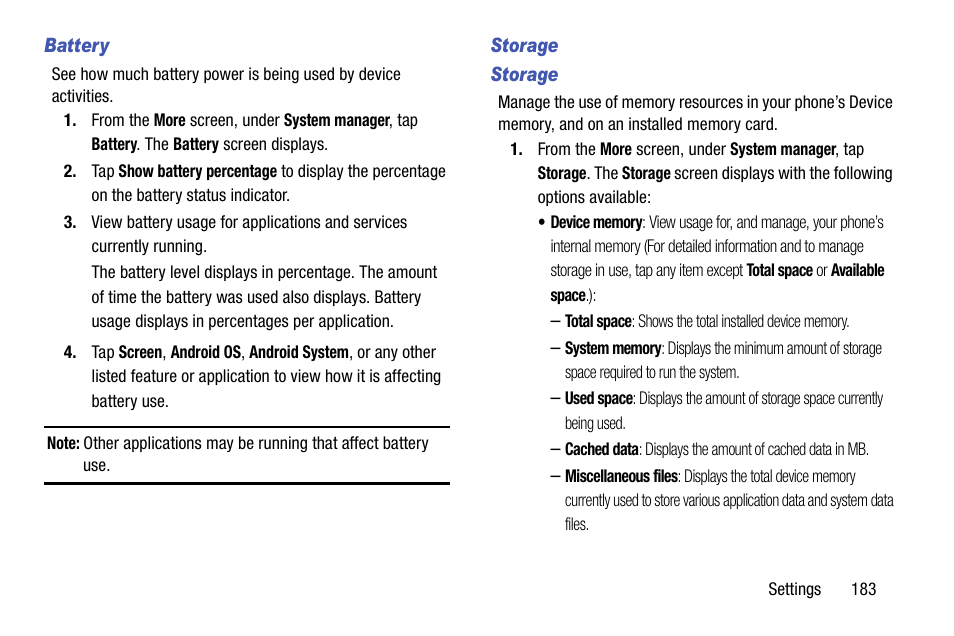 Battery, Storage | Samsung SCH-R960ZKAUSC User Manual | Page 191 / 199