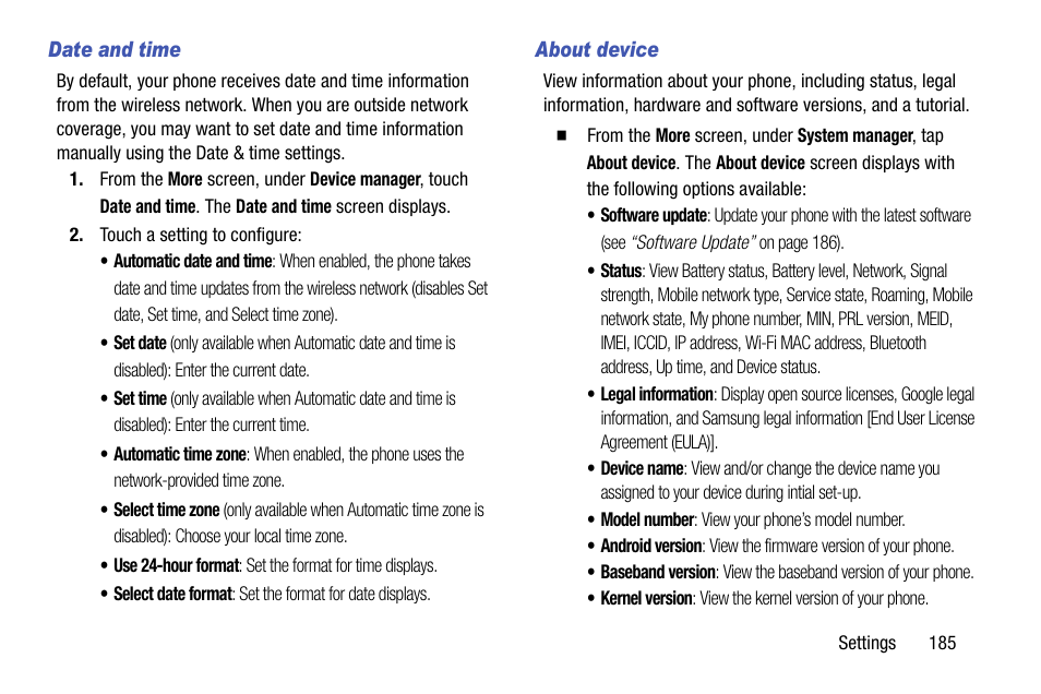 Date and time, About device | Samsung SCH-R960ZKAUSC User Manual | Page 193 / 199