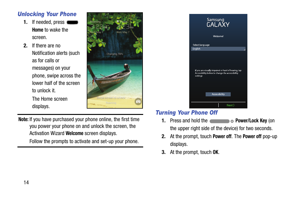 Unlocking your phone, Turning your phone off | Samsung SCH-R960ZKAUSC User Manual | Page 22 / 199