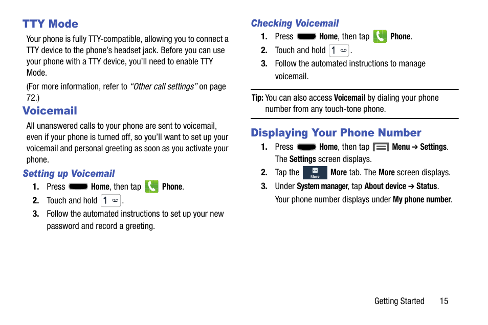 Tty mode, Voicemail, Setting up voicemail | Checking voicemail, Displaying your phone number, Tty mode voicemail displaying your phone number | Samsung SCH-R960ZKAUSC User Manual | Page 23 / 199