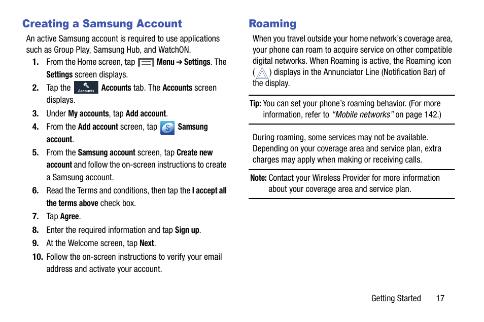 Creating a samsung account, Roaming, Creating a samsung account roaming | Samsung SCH-R960ZKAUSC User Manual | Page 25 / 199